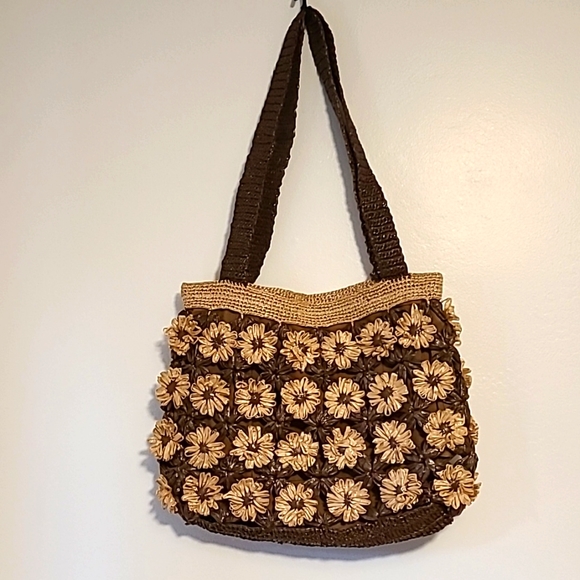 hand made Handbags - Handcrafted hand woven rafia summer purse /bag brown/cream good size zip closure
